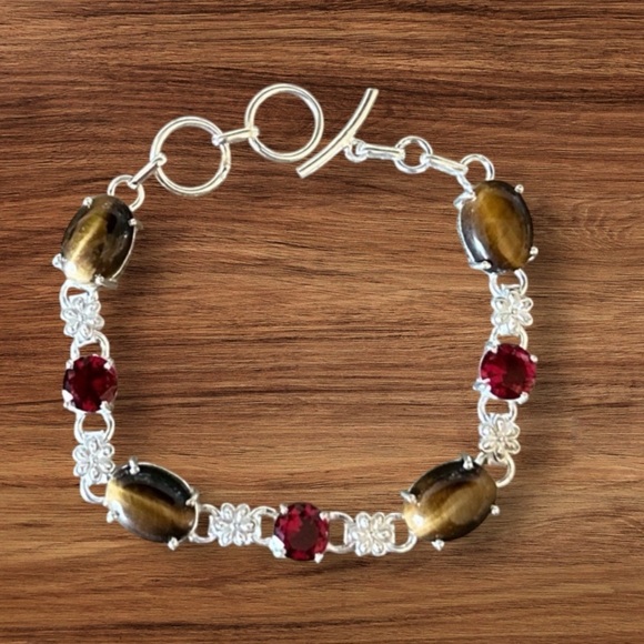 NWT Handmade Garnet & Tiger Eye Simulated Stone Silver Overlay Bracelet - Picture 1 of 3